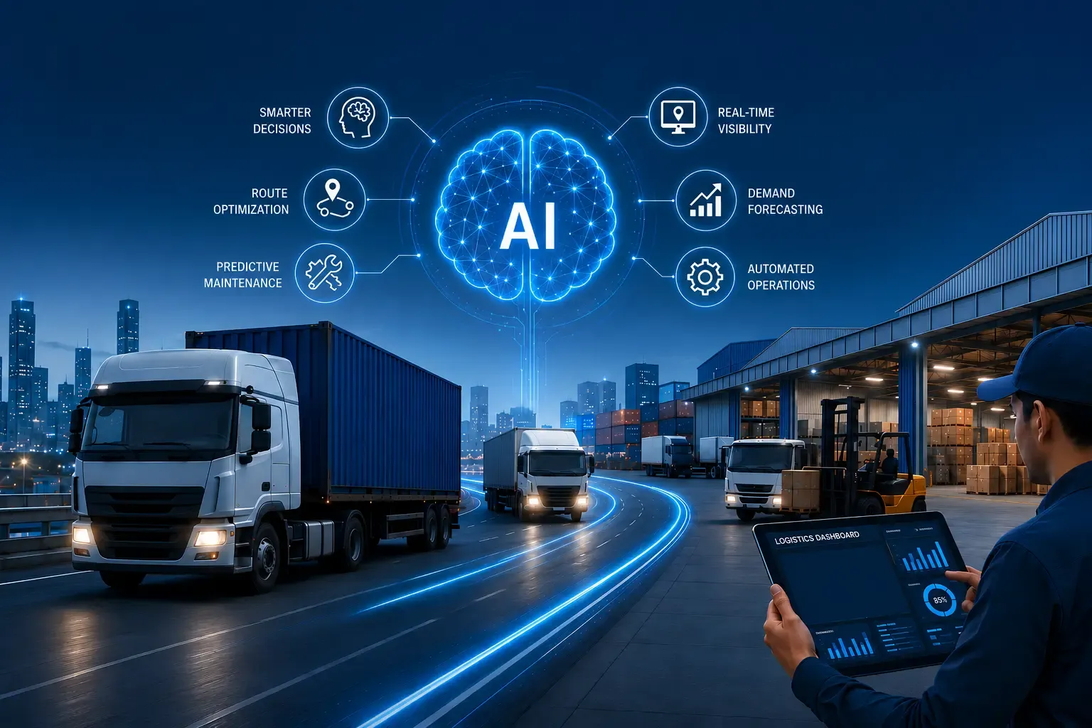 AI-powered logistics network showing route optimization, predictive maintenance, and demand forecasting across a truck fleet and warehouse.