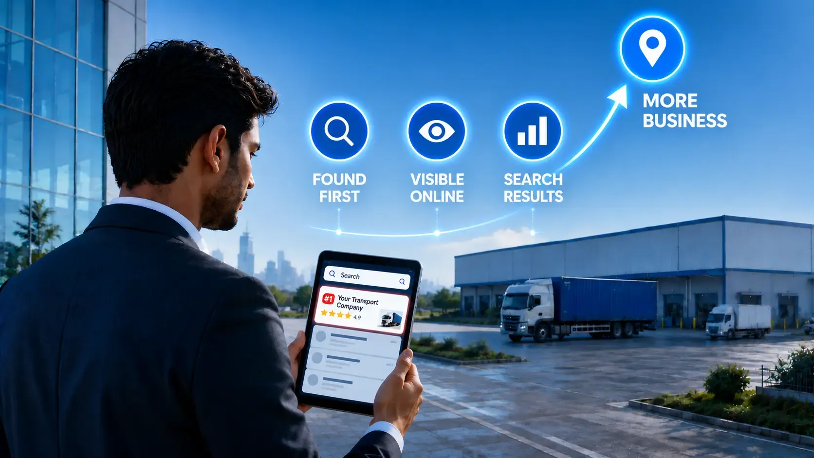 Transport business owner reviewing a search result listing his company ranked first, with a warehouse and fleet in the background.