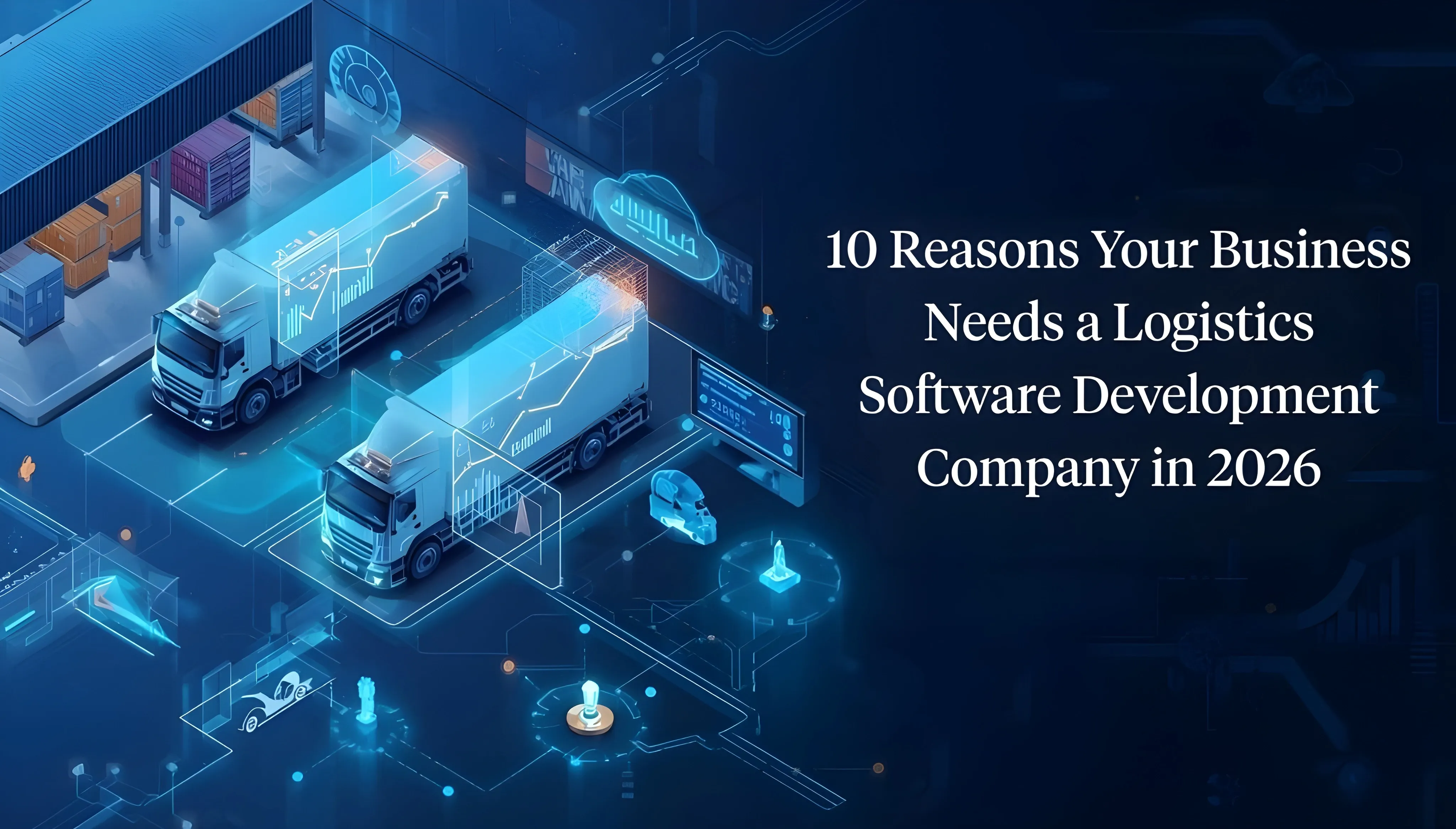 Connected logistics network with trucks, warehouse, and cloud analytics representing custom logistics software development.